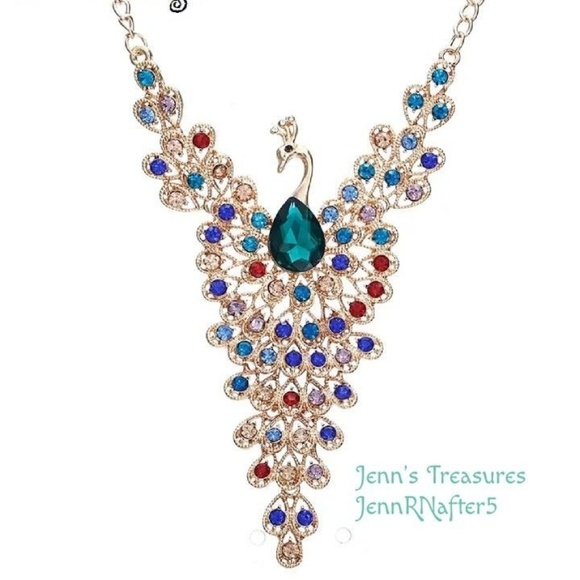 Fashion Jewelry Jewelry - Gold Rainbow Crystal Peacock Statement Necklace